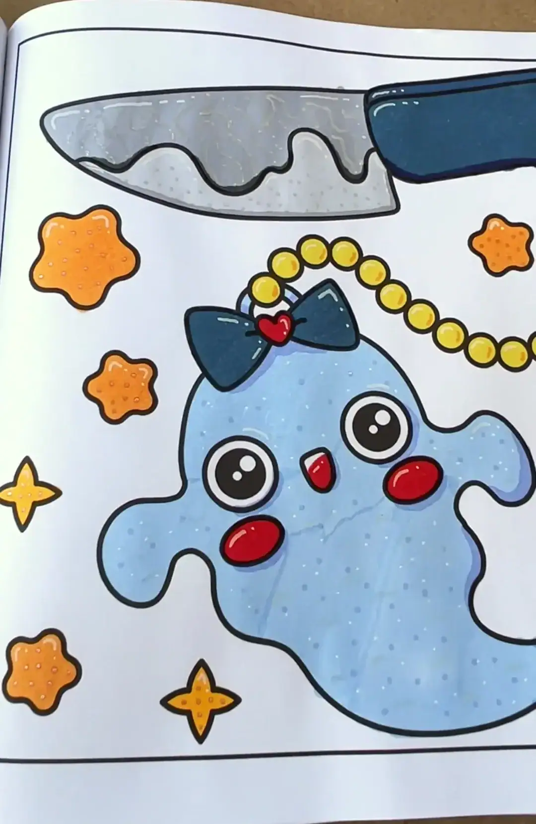 Cute blue ghost with bow and knife in a kawaii pastel goth coloring page with soft shading.