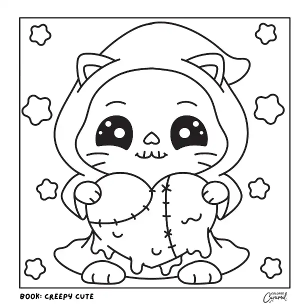 Cute skull kitty in a hoodie holding a stitched heart pastel goth coloring page.