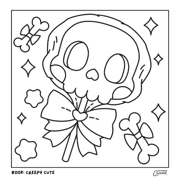 Pastel goth skull lollipop with bows and bone details kawaii coloring page.