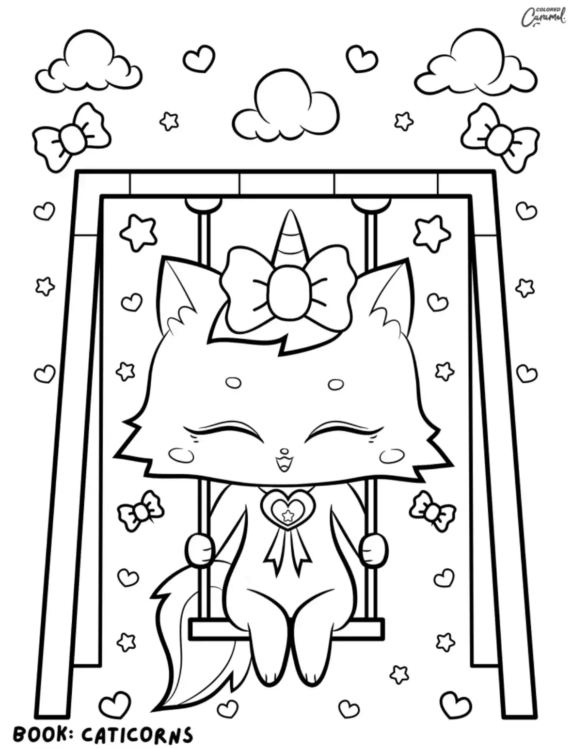 Cute caticorn sitting on a swing with a bow and heart pendant surrounded by clouds stars and hearts.