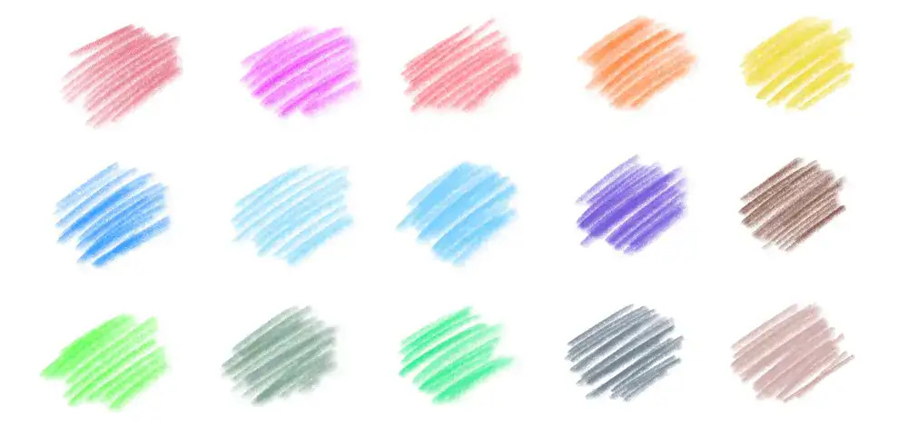 Colored pencil swatches showing a range of pigment colors on white paper