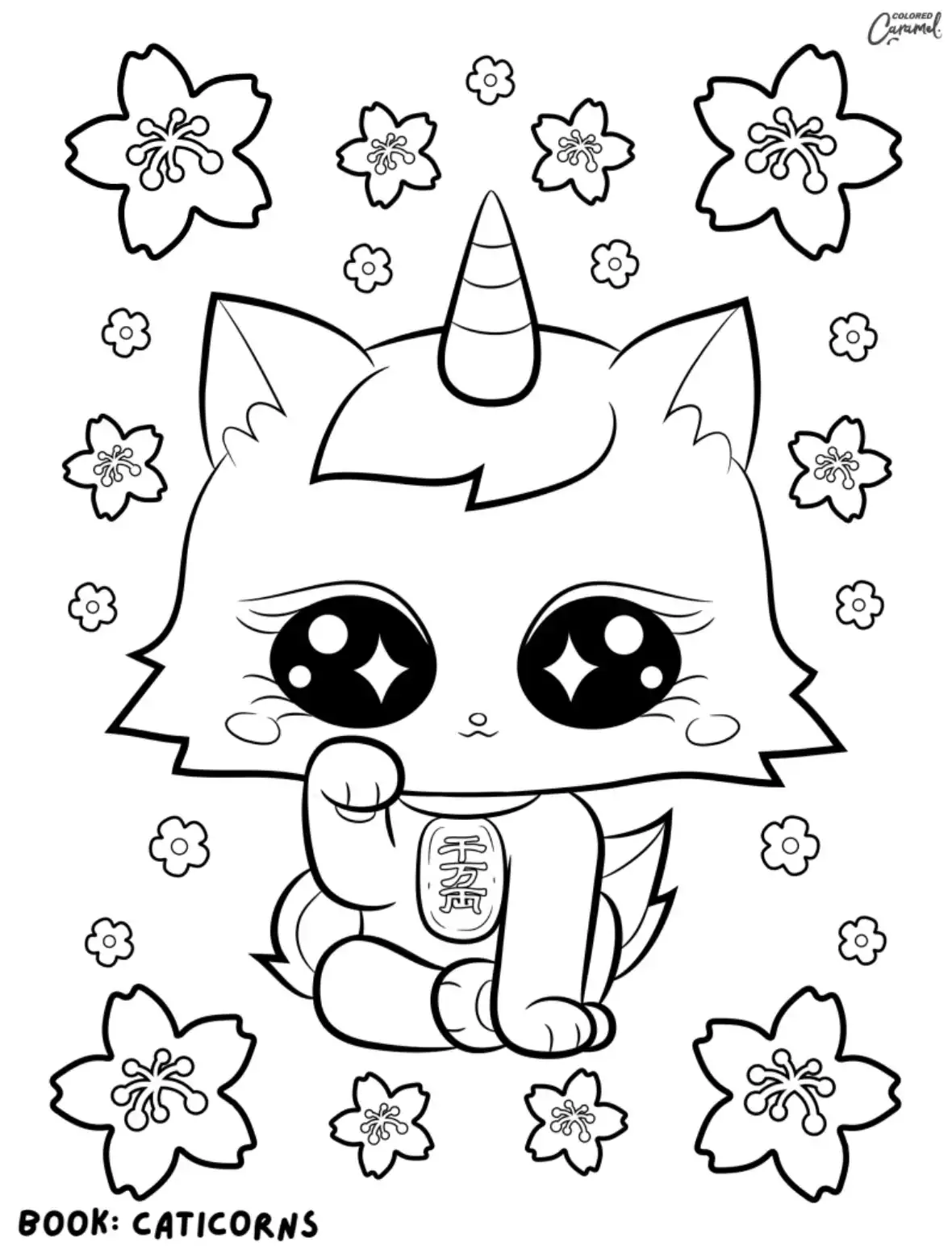 Lucky cat style caticorn with big sparkly eyes and raised paw surrounded by cherry blossom flowers coloring page.