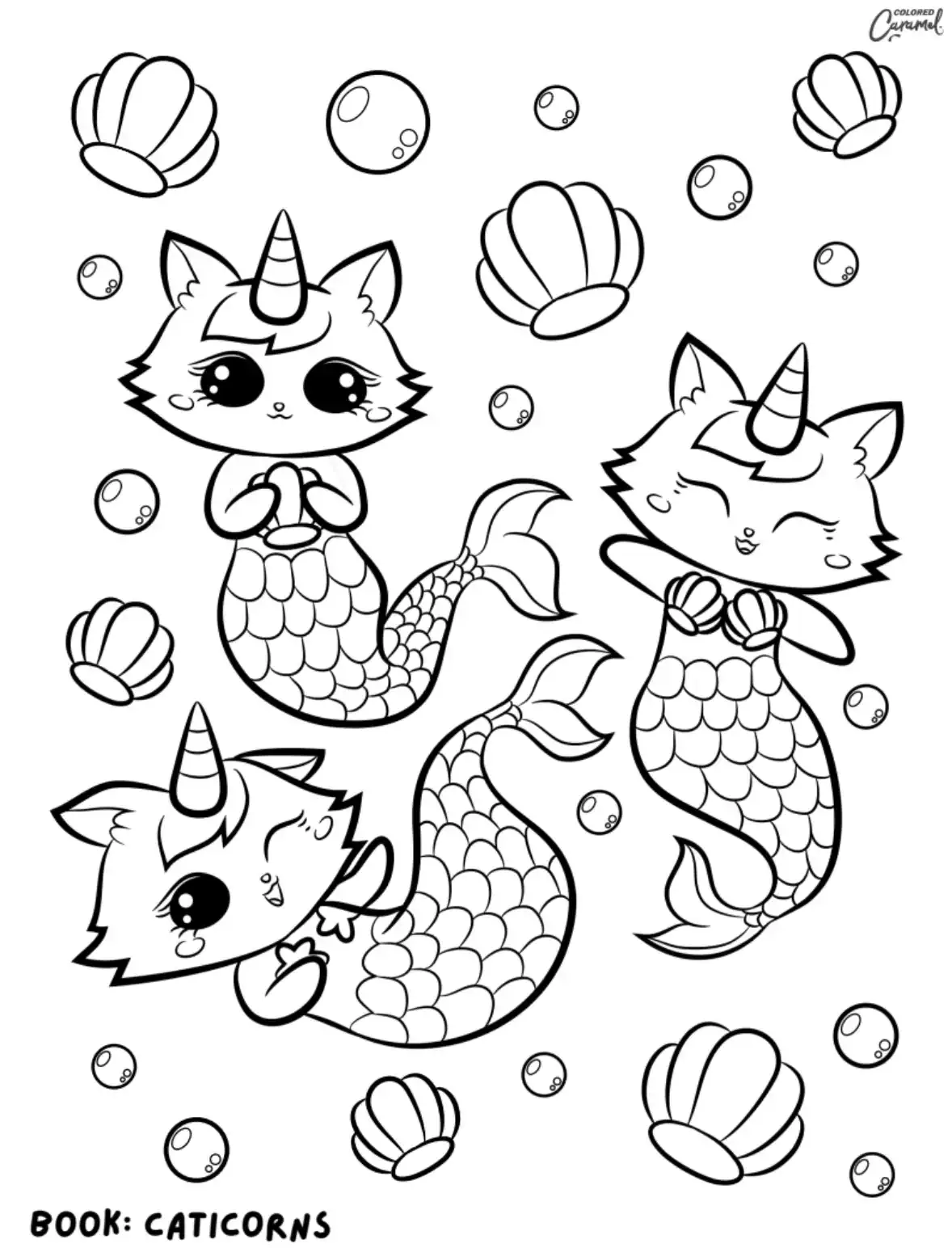 Three mermaid caticorns with scaled tails swimming together surrounded by bubbles and seashells coloring page.