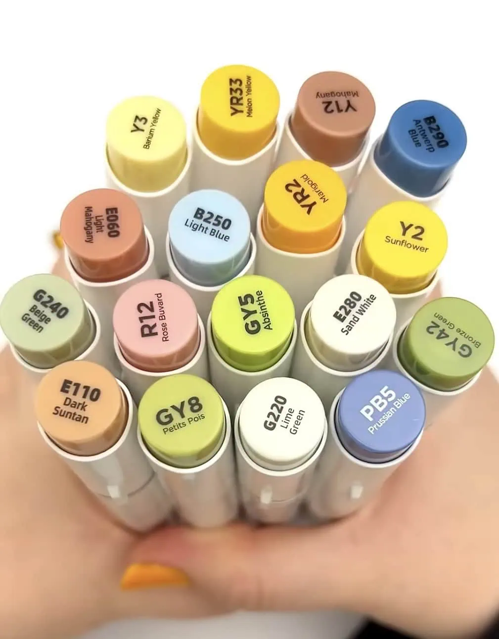 Hand holding a set of alcohol markers labeled with color names and codes