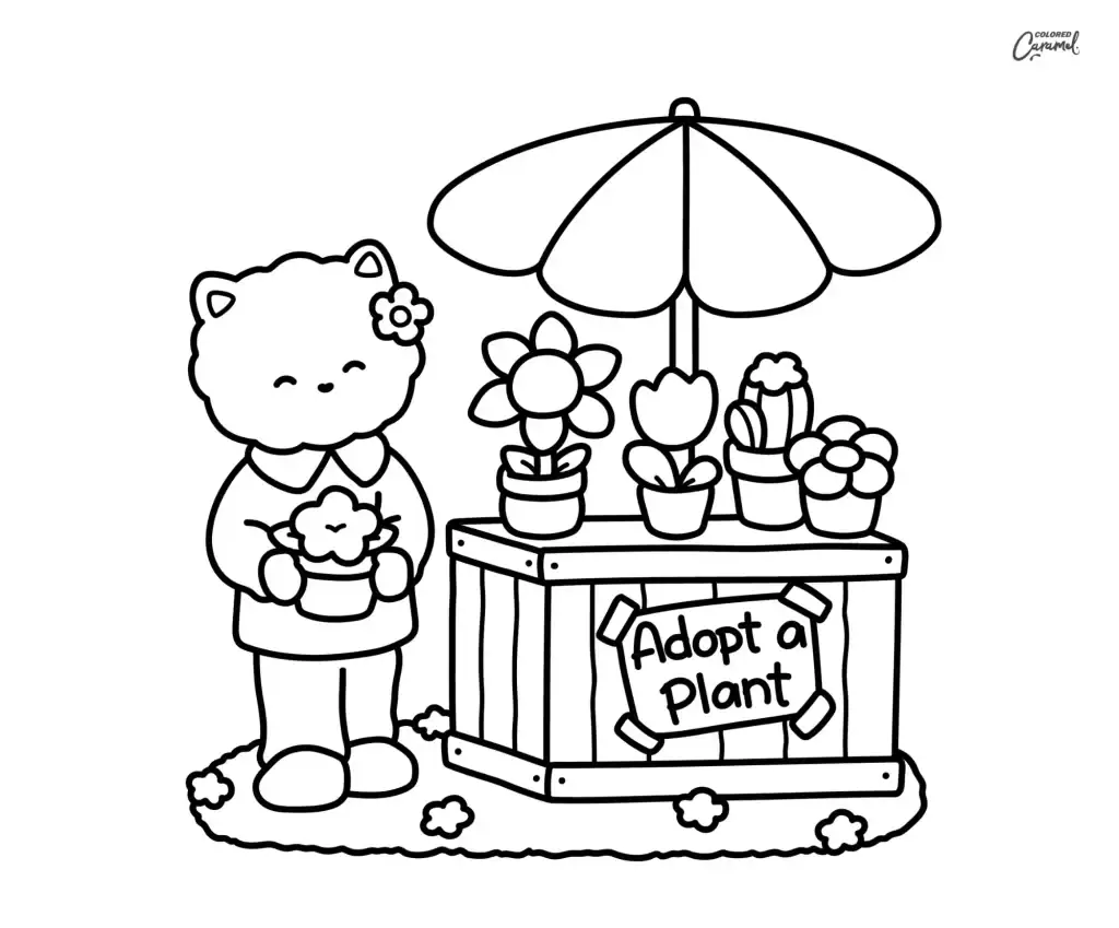 Cute cat tending an adopt a plant stall with potted flowers and a cactus coloring page
