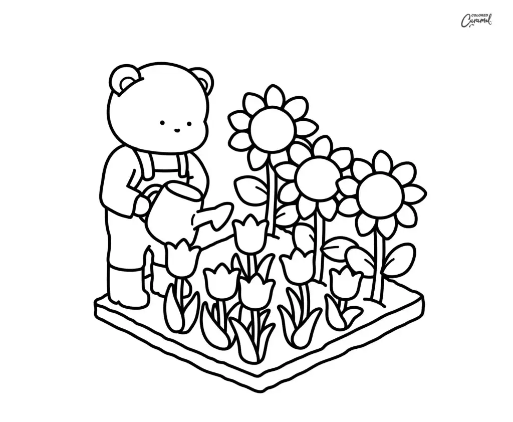 Cute bear in overalls watering sunflowers and tulips with a watering can coloring page
