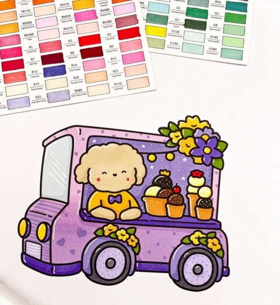 Colored cute puppy in a purple flower truck with ice cream, cupcakes, and bright yellow blooms