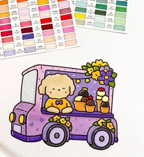 Colored cute puppy in a purple flower truck with ice cream, cupcakes, and bright yellow blooms