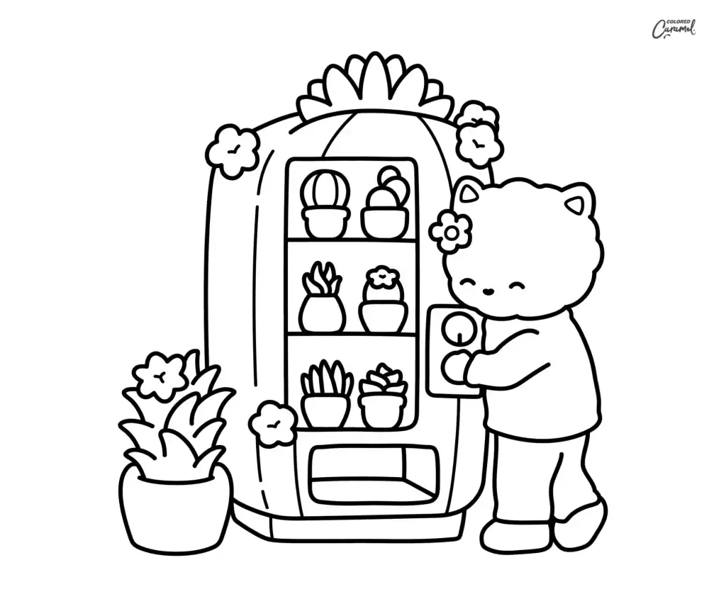 Cute cat using a plant vending machine full of potted succulents and cacti coloring page