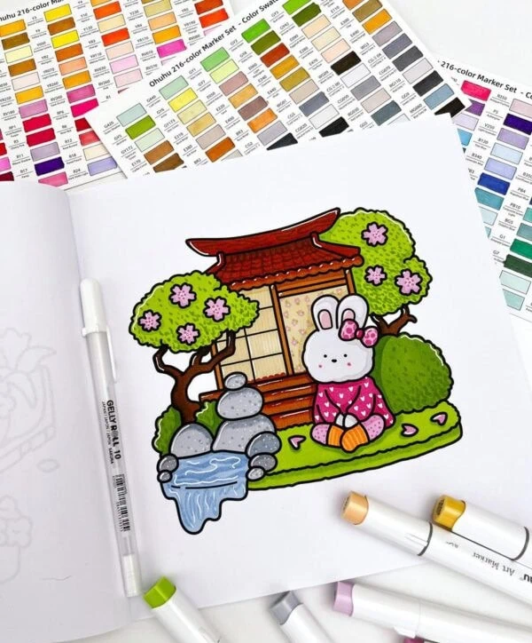 Colored cute bunny sitting by a pagoda with green trees, pink blossoms, and a small stream