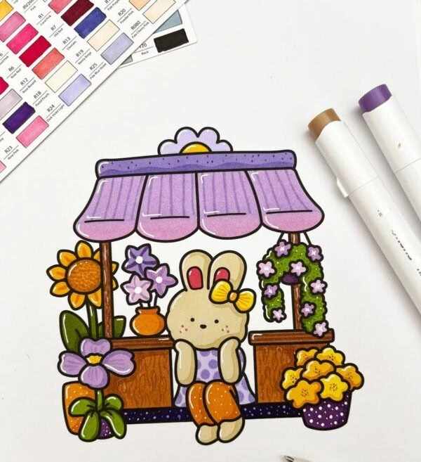 Colored cute bunny flower stall with a lavender awning, sunflower, and soft purple and yellow blooms
