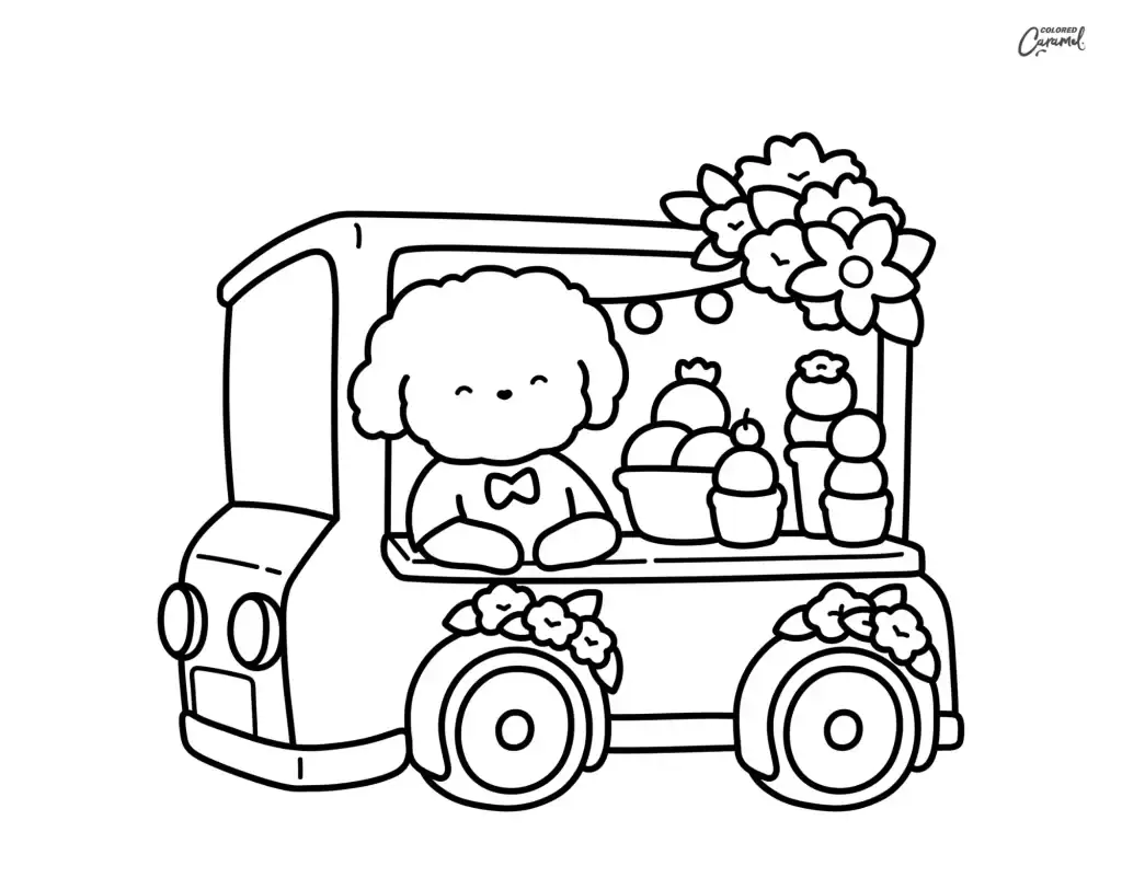 Cute puppy running a flower truck filled with blooms and treats coloring page